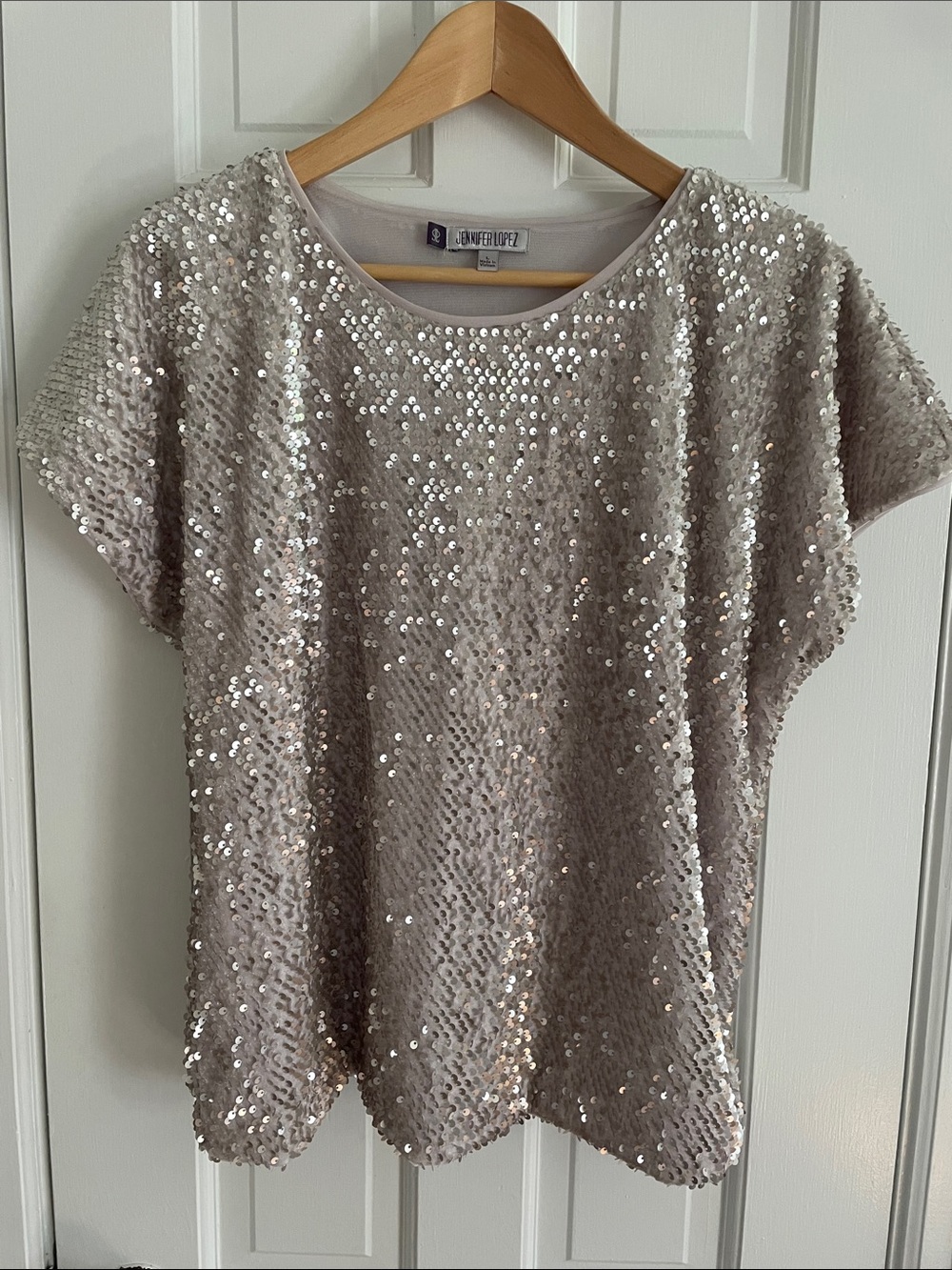 Jennifer Lopez Silver Sequin Short Sleeve Top